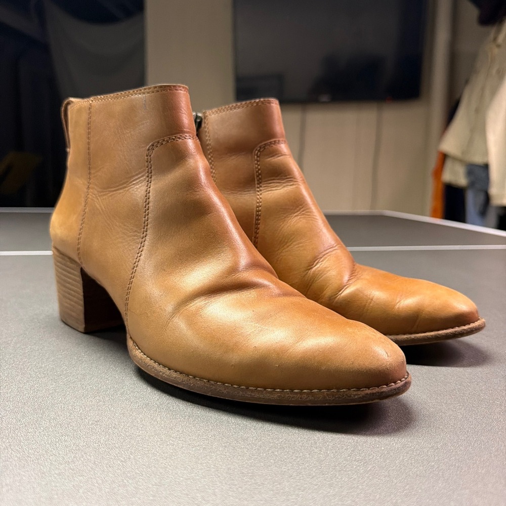 Madewell J8300 Leather Ankle Booties Tan Brown Side Zip Block Heel Size 10